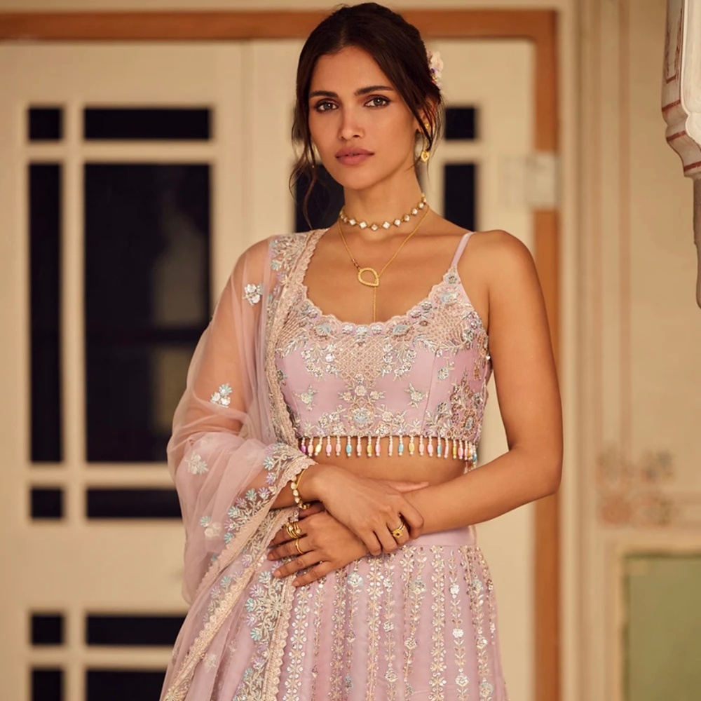 Embellished Lilac Bridal Lehenga with Beaded Crop Top